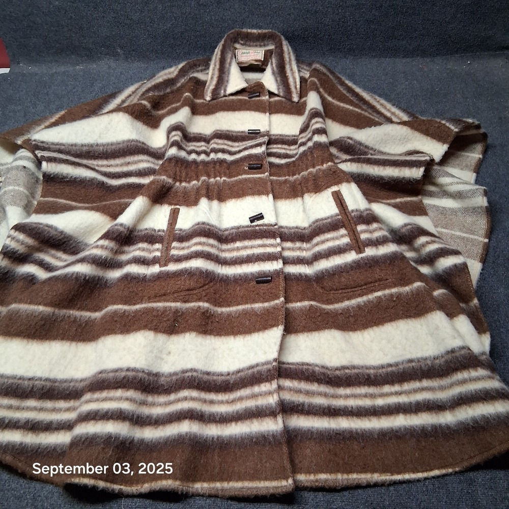 VTG Wool Casade Lana Latin Cape Shawl Poncho Heavyweight Striped‎ Brown Mexican